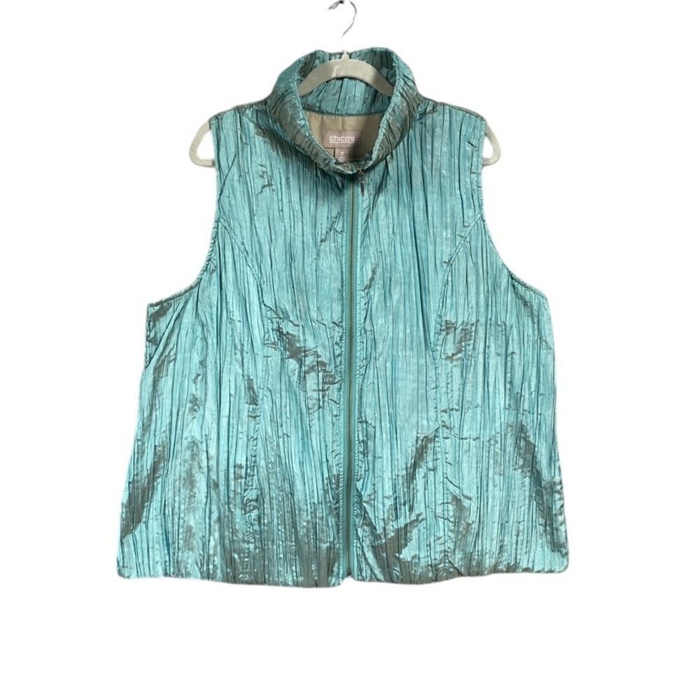 Chicos Iridescent Crinkle High Neck Zipper Vest Sz 3 / XL